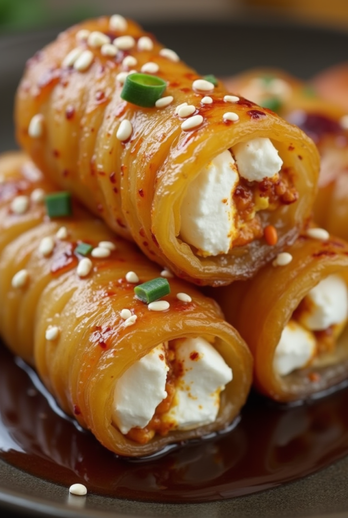 Oven Fried Feta Rolls with Chili Honey